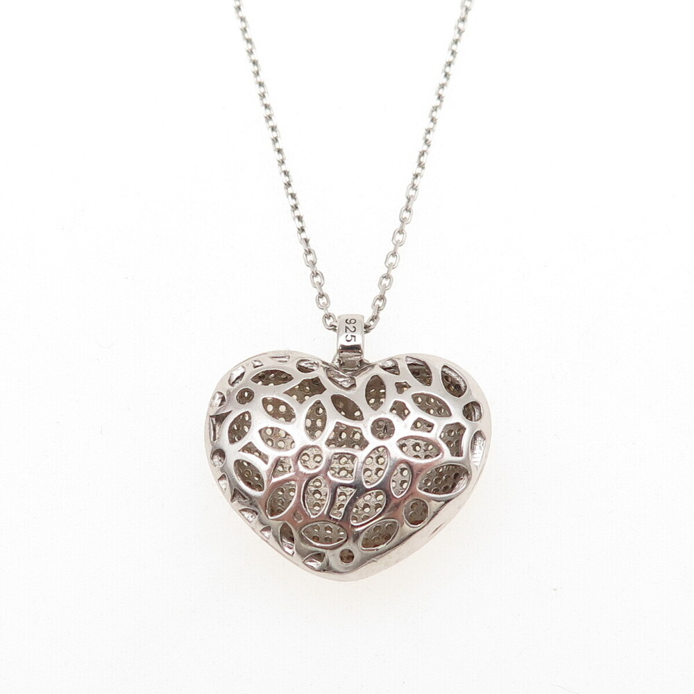 925 Sterling Silver Italy Round-Cut C Z Puffy Heart Cable Chain Necklace 16" - Picture 5 of 9